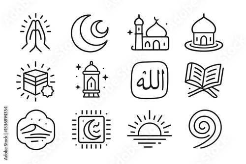 Outline icons of islamic symbols: crescent moon, mosque, quran, prayer hands, lantern