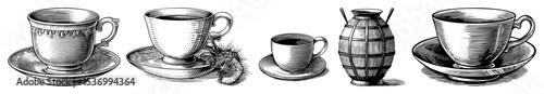 Vector Vintage beverage containers including mugs and jugs are presented as detailed engravings.