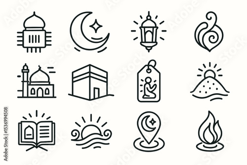 Islamic symbols collection featuring mosque, crescent moon, lantern, quran, kaaba, and prayer icons