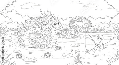 Enchanted Dragon and Pond A Boy Fishing Near a Mythical Creature Coloring Page