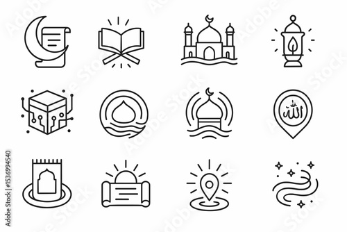 Islamic symbols collection: mosque, quran, lantern, crescent moon, allah