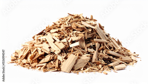 Pile of wood chips isolated on white backdrop. Natural material.