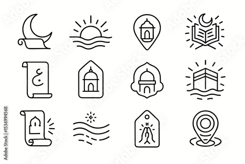 Islamic icon set: crescent, mosque, quran, kaaba, and prayer symbols