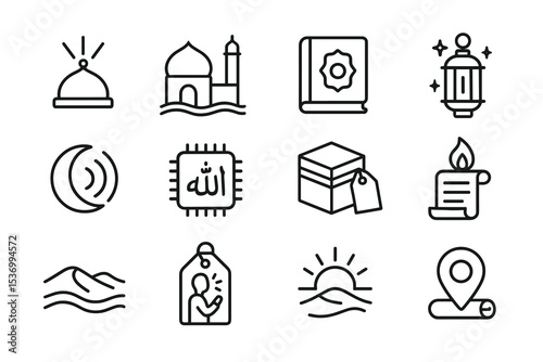 Islamic symbols collection: mosque, quran, prayer, lantern, crescent, kaaba, pilgrimage icons