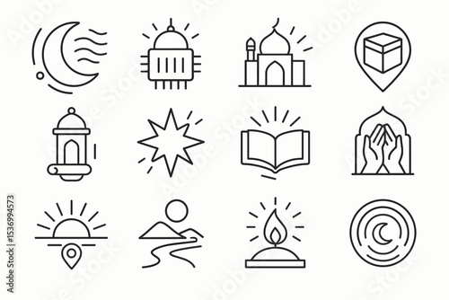 Islamic symbols and icons collection featuring mosque and crescent moon