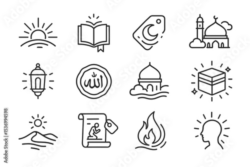 Set of islamic icons featuring mosque, quran, crescent, and pilgrimage elements