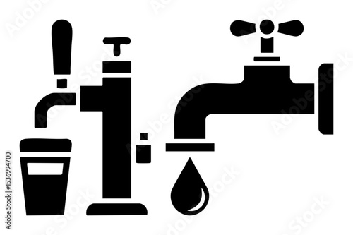 Vector Black vector of various water taps and a droplet.