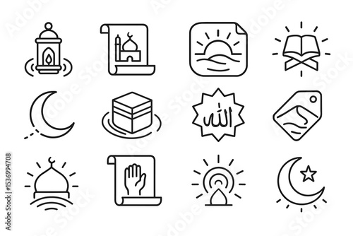 Collection of islamic symbols: mosque, crescent, quran, kaaba, and allah icons