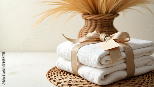 Stacked gray linen towels with natural ribbon, next to a wicker vase of dried wheat and gift tag on woven mat.