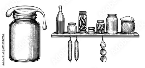 Vector Vintage preserved food collection with dripping jar .