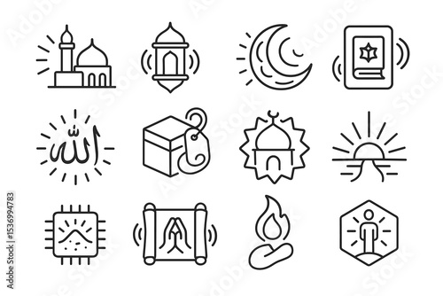 Islamic symbols collection: mosque, lantern, crescent moon, quran, kaaba, prayer mat, candle