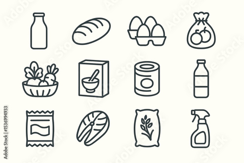 Grocery essentials icons set featuring food items and kitchen supplies