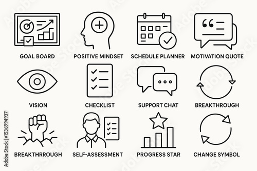 Icon set: goal board, mindset, planner, motivation, vision, checklist, chat, breakthrough