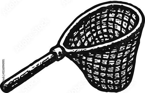 A classic, hand-drawn black and white illustration of a fishing net or landing net, perfect for various outdoor and aquatic themes