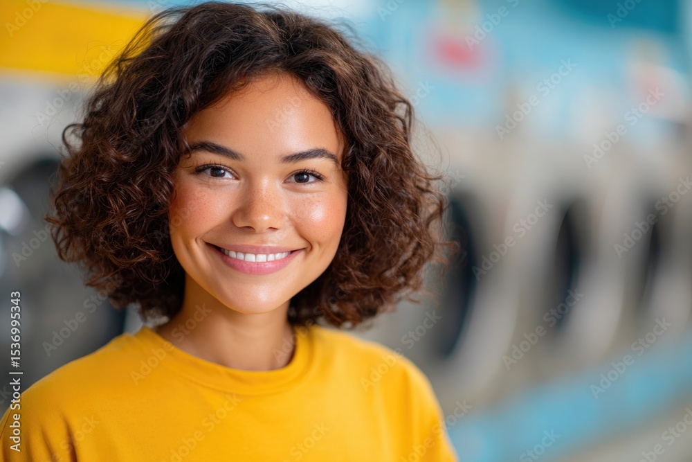 Fototapeta premium Girl in Yellow Shirt Smiling Indoors