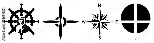 Vector Nautical set featuring a ship wheel rudder compass rose and directional marker.