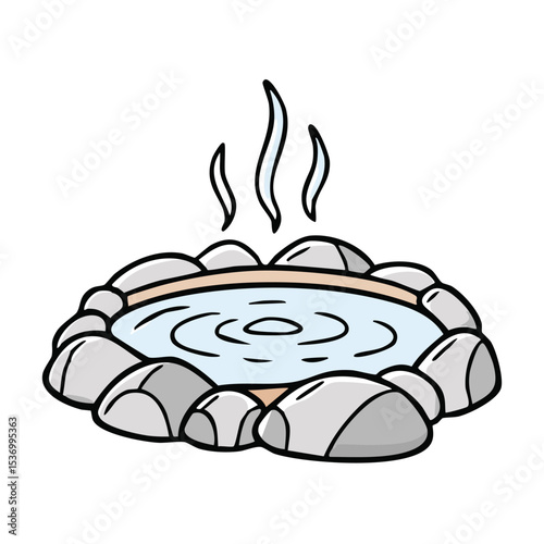 Steaming hot spring surrounded by grey rocks and light blue water