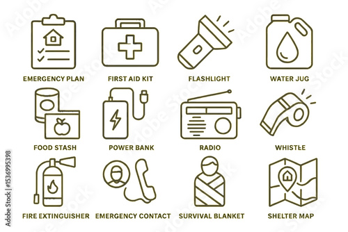 Emergency preparedness icons: kit, flashlight, water jug, food stash, radio