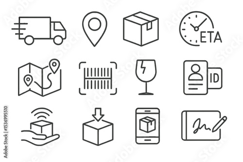 Delivery icons: shipping, location, package, tracking, eta symbols