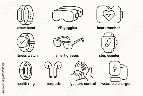 Wearable tech: smartband, vr goggles, heart monitor, fitness watch, smart glasses