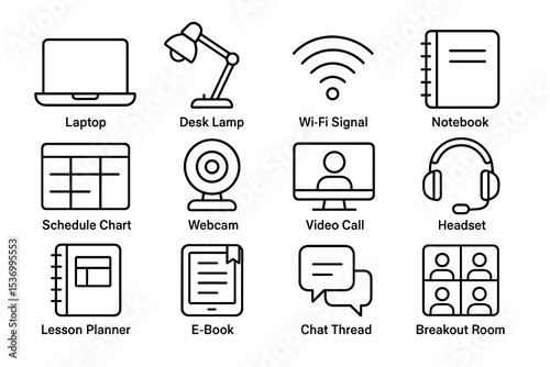 Office icon set: technology, organization, communication, remote work essentials