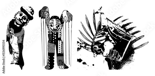 Vector Stylized tribal masks and figures in black and white.