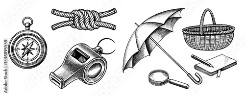 Vector Vintage exploration tools and accessories set.