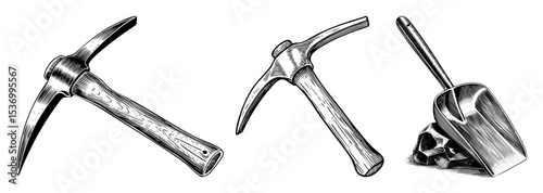 Vector Vintage mining tools including a pickaxe hammer and shovel with ore.