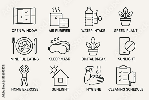 Illustrated wellness icons: window, air purifier, water, plant, mindful, sleep, digital, sunlight, exercise, hygiene, cleaning