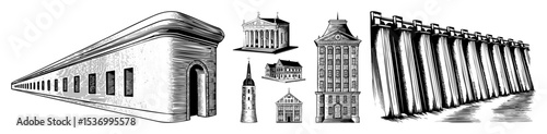 Vector Architectural elements showcase diverse building facades and structural details.