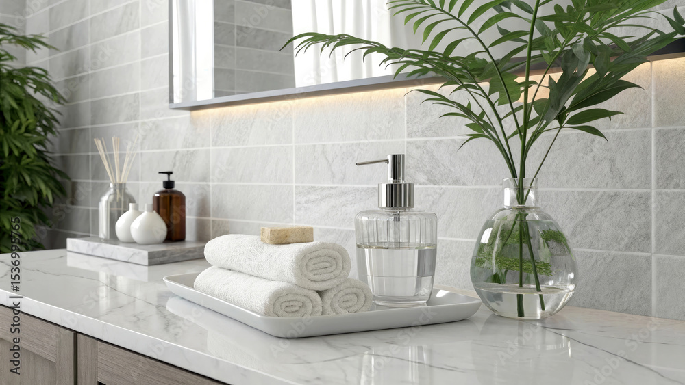 Fototapeta premium Modern Bathroom Decor with White Marble and Spa Accessories