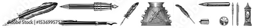 Vector Vintage writing implements collection featuring quill pens inkwells and pencils.