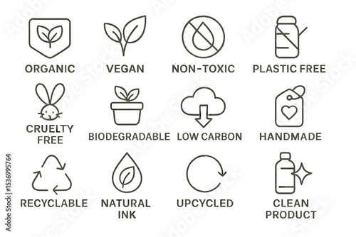 Eco-friendly icons for sustainable living: vegan, non-toxic, plastic-free, recyclable, upcycled
