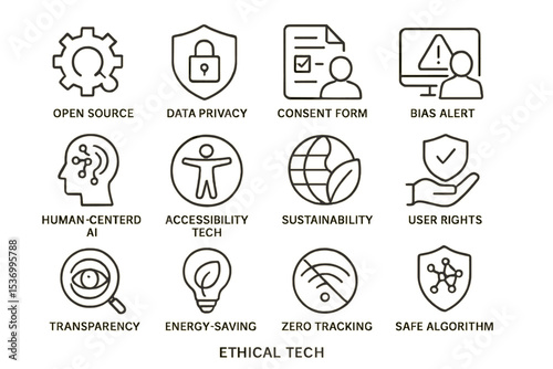 Ethical technology icons representing data privacy, human-centered ai, sustainability, and more