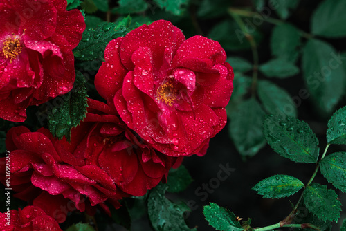 Macro image of dark red rose with water droplets. Extreme close-up with shallow dof.