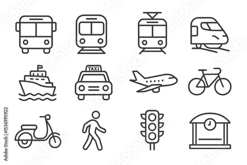 Transportation icons: bus, train, taxi, ship, airplane, bicycle, scooter, traffic light, station