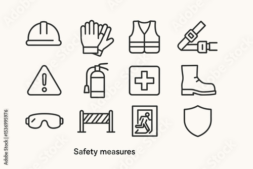 Safety equipment icons: helmet, gloves, vest, belt, fire extinguisher, boots, goggles