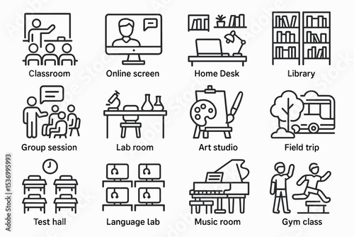 Educational icons: classroom, lab, art studio, library, gym class, and more