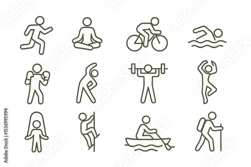 Simple line icons of various physical activities for fitness and recreation