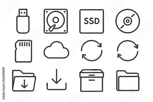 Digital storage icons: usb, hard drive, ssd, cloud, cd, folder, backup