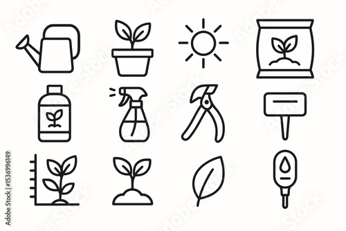 Gardening tools and plant care icons: watering, pruning, sunlight, growth