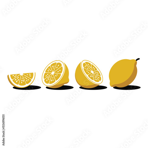 Four lemon halves and whole lemons isolated on white background