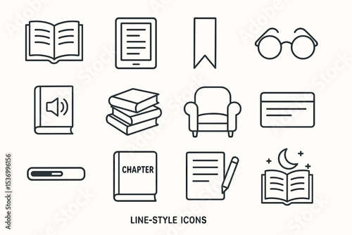 Line-style icons: books, ereaders, bookmark, glasses, armchair, credit card, and note elements