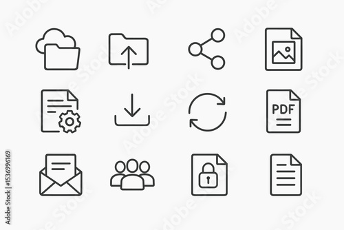 Set of file management icons: upload, download, share, pdf, security, synchronization