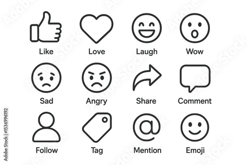 Social media reaction icons – like, love, laugh, wow, sad, angry, share, comment, follow