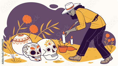 A woman lights candles at an altar decorated with sugar skulls and marigolds for the day of the dead