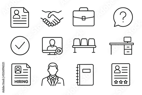 Job application and interview icons: resume, handshake, briefcase, question, computer