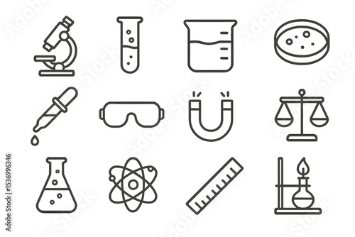Science icons: laboratory equipment and symbols illustration