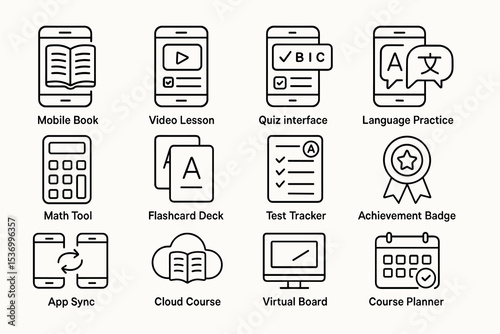 Educational icons set: mobile, video, language, math, virtual, learning tools