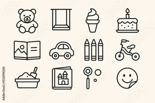 Playful icons of toys and treats: teddy, swing, ice cream, and more